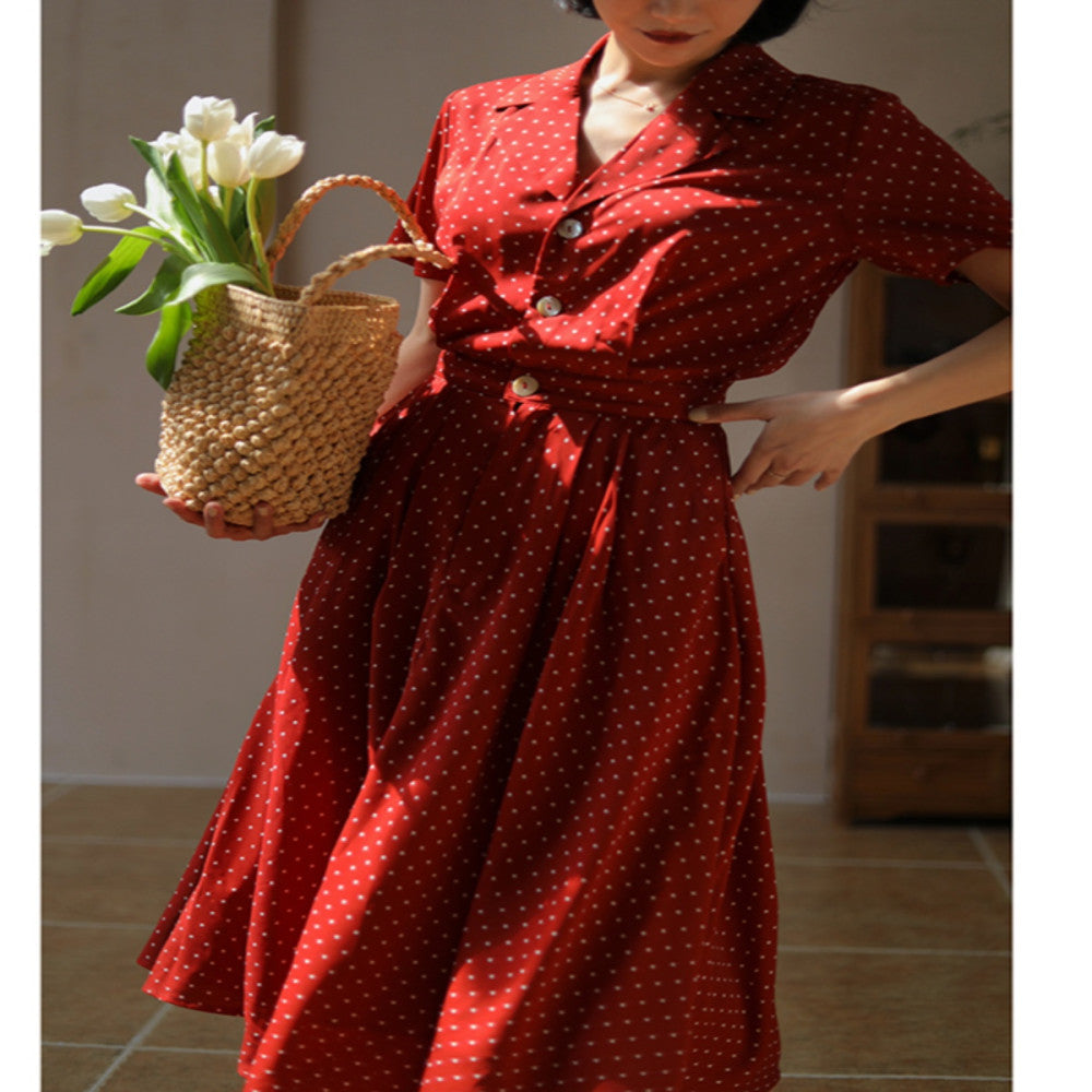 Blue wardrobe French Vintage polka dot suit collar Shell buckle waist Hong Kong style elegant large skirt dress image 0