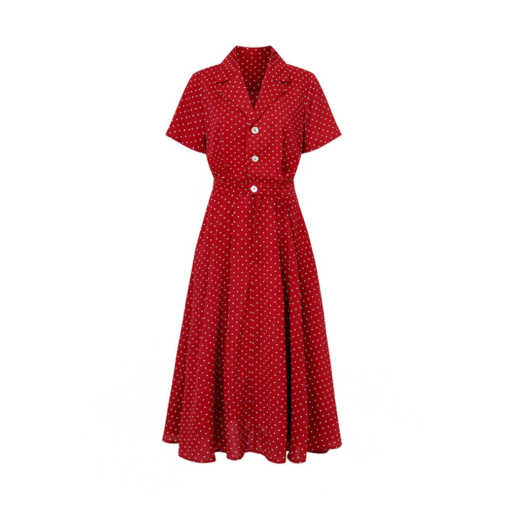 Blue wardrobe French Vintage polka dot suit collar Shell buckle waist Hong Kong style elegant large skirt dress image 9