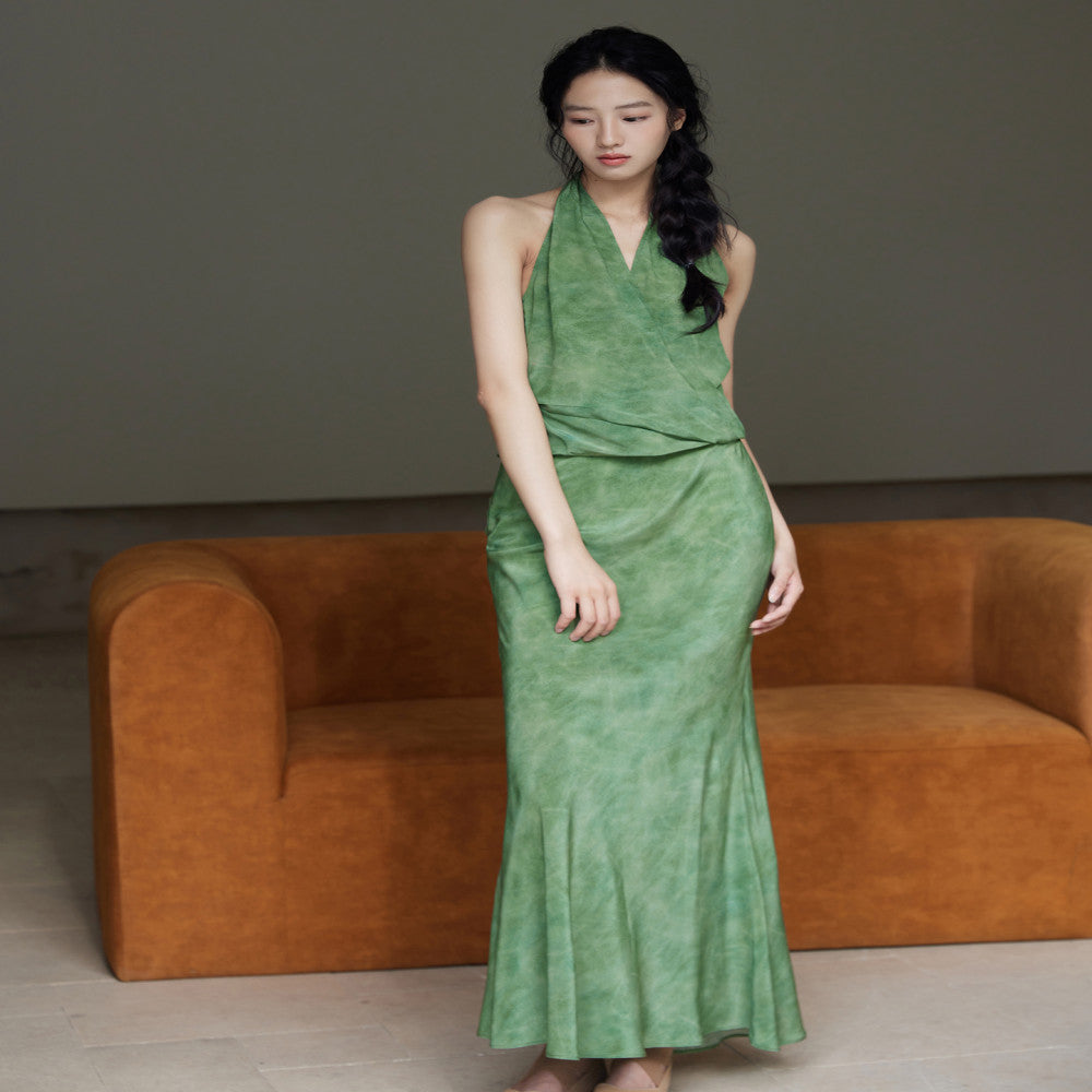 Customized silk double crepe 100 mulberry silk shawl top slanted fish tail half skirt hanging neck top image 28