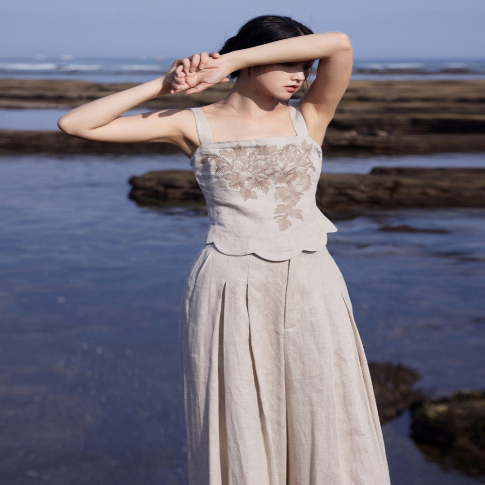 Designer hand painted peony flowers Heavy yarn dyed linen Slim fit vest short sleeves wide leg pants image 1