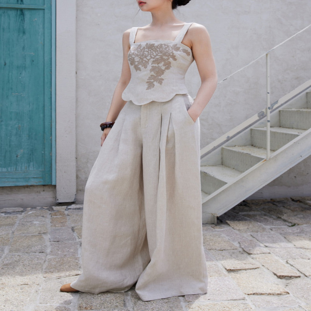 Designer hand painted peony flowers Heavy yarn dyed linen Slim fit vest short sleeves wide leg pants image 2