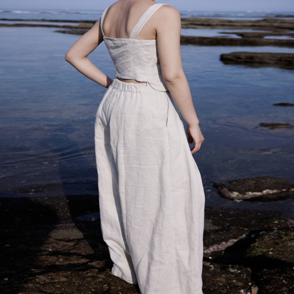 Designer hand painted peony flowers Heavy yarn dyed linen Slim fit vest short sleeves wide leg pants image 4