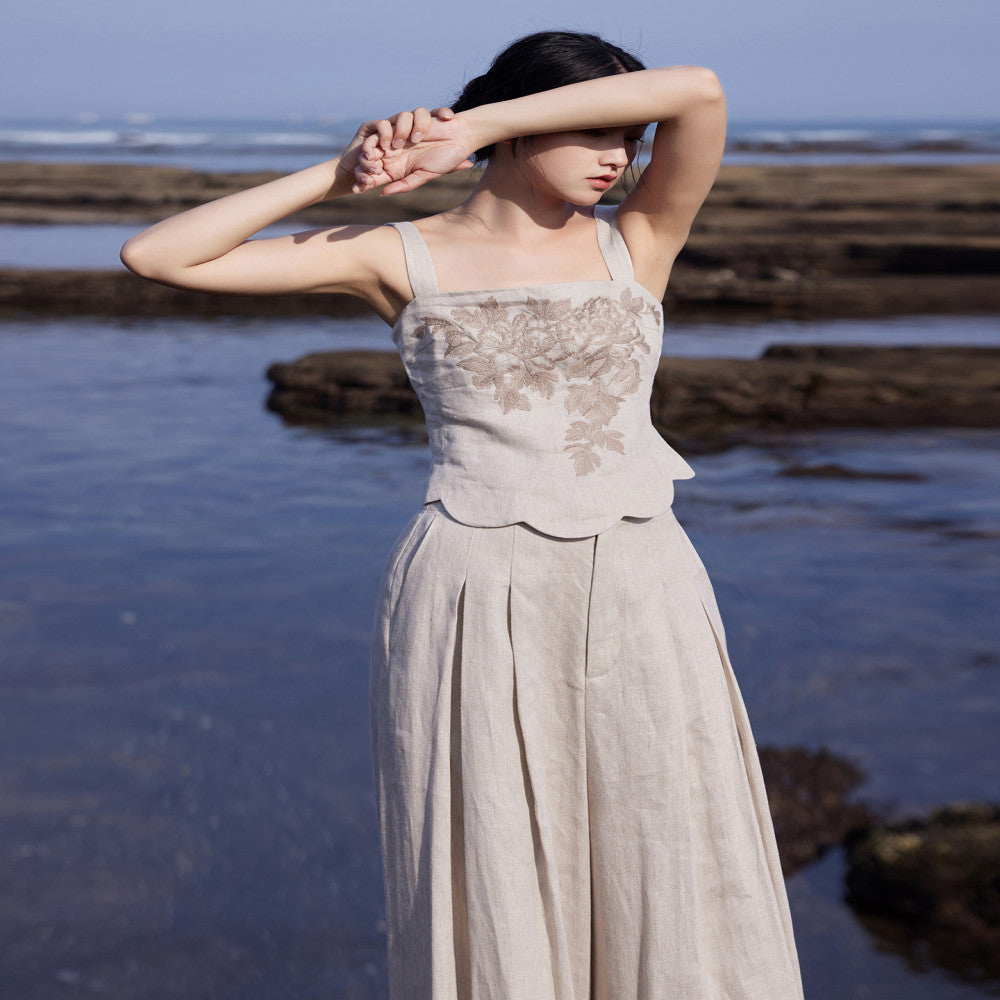 ASAYA3665 Designer hand-painted peony flowers | Heavy yarn-dyed linen | Slim-fit vest, short sleeves and wide-leg pants