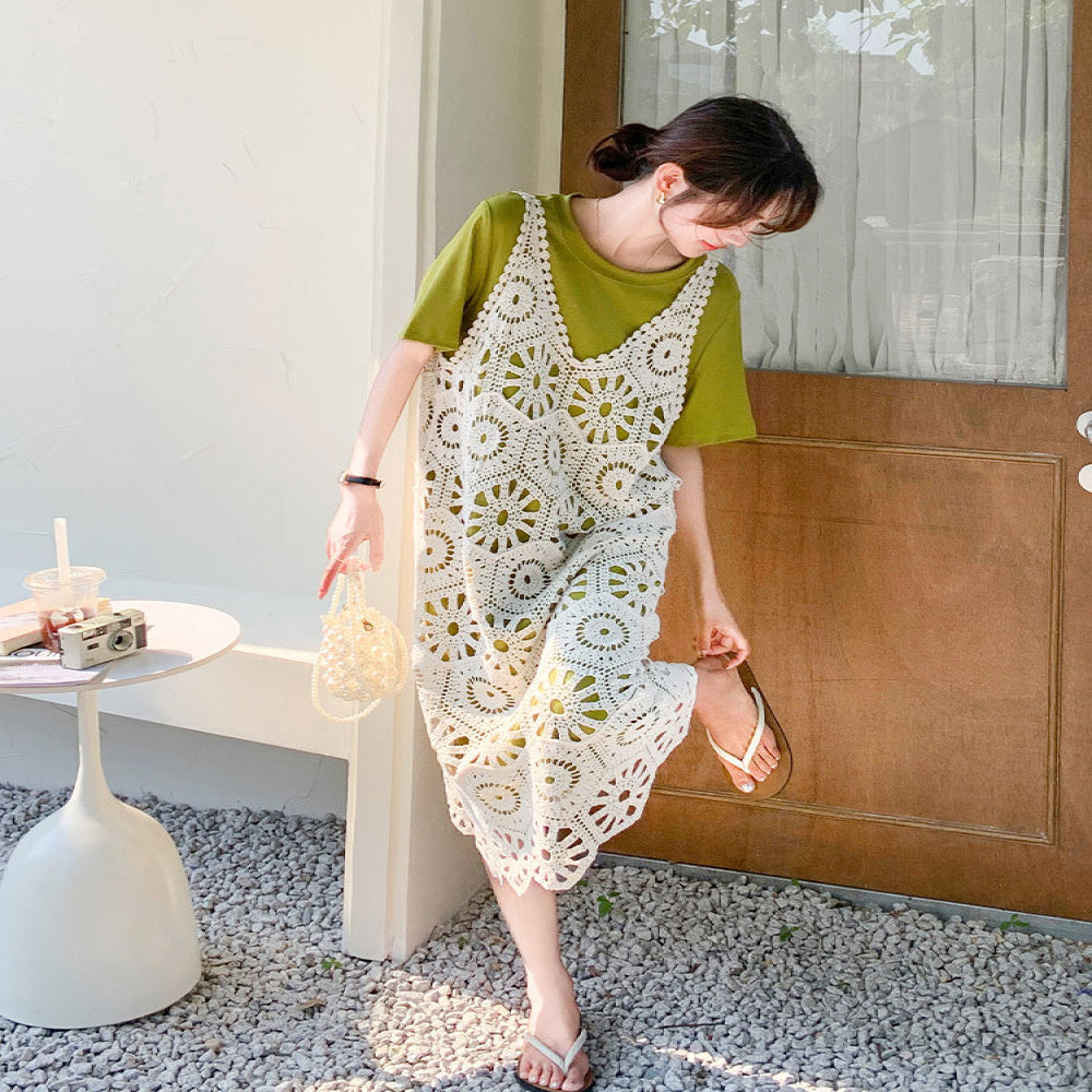 This year s popular layered dress suits for women summer 2024 new French T shirt dress knitted suspender skirt two piece suit image 1