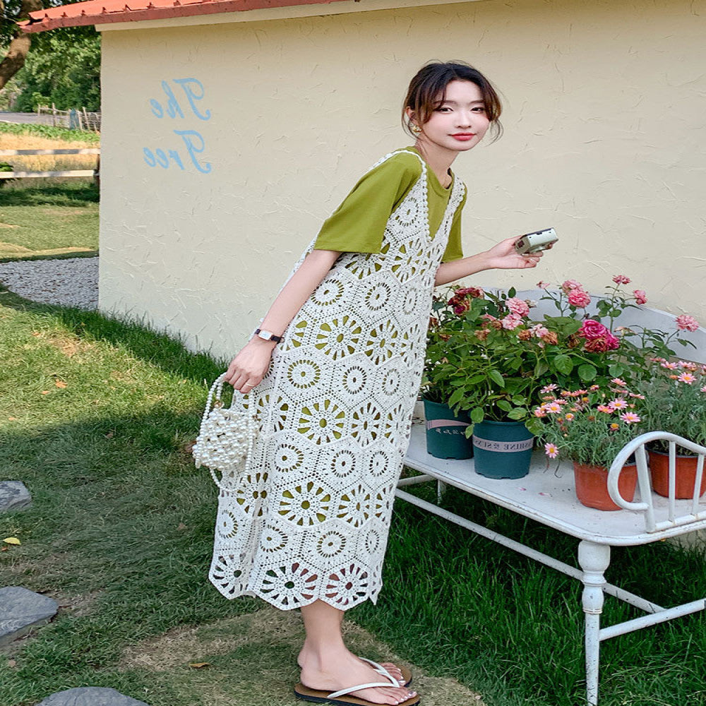 This year s popular layered dress suits for women summer 2024 new French T shirt dress knitted suspender skirt two piece suit image 2