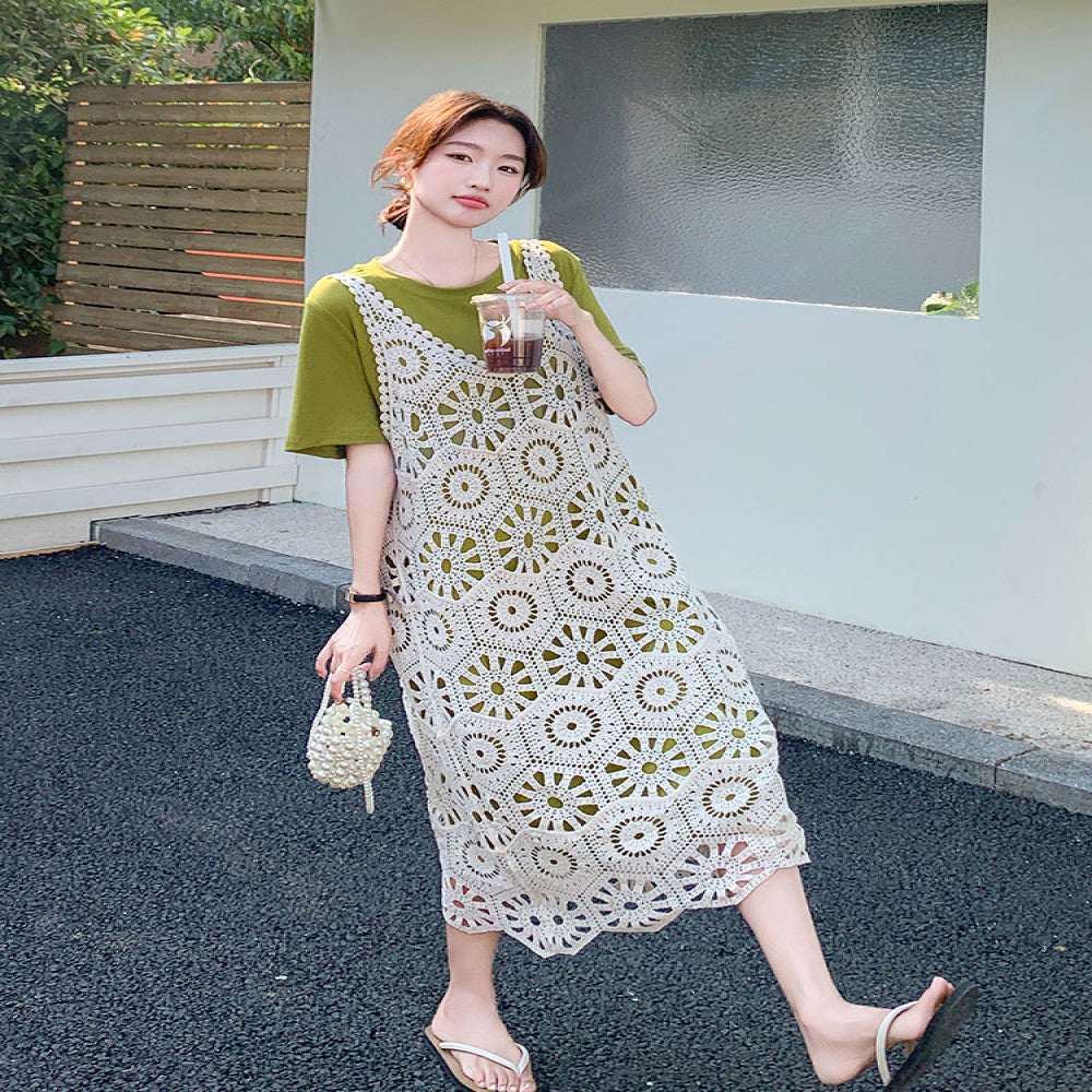 This year s popular layered dress suits for women summer 2024 new French T shirt dress knitted suspender skirt two piece suit image 3