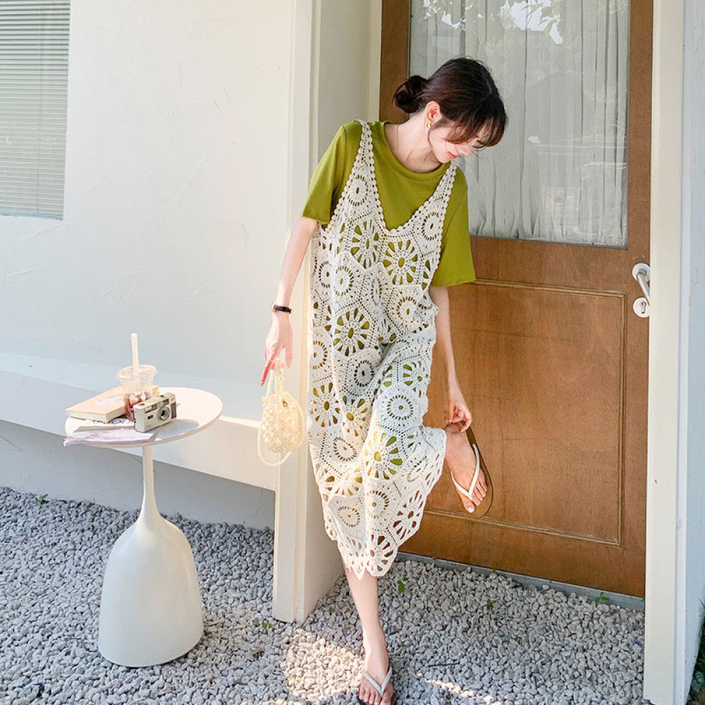 This year s popular layered dress suits for women summer 2024 new French T shirt dress knitted suspender skirt two piece suit image 12