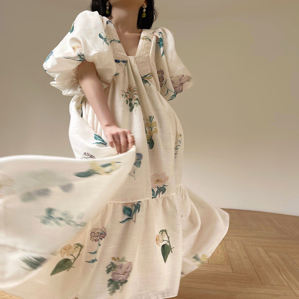 Aconiconi Tingting Qingyao French Retro Printed Holiday Dress Imitation Cotton and Linen Loose and Slimming Long Dress image 2