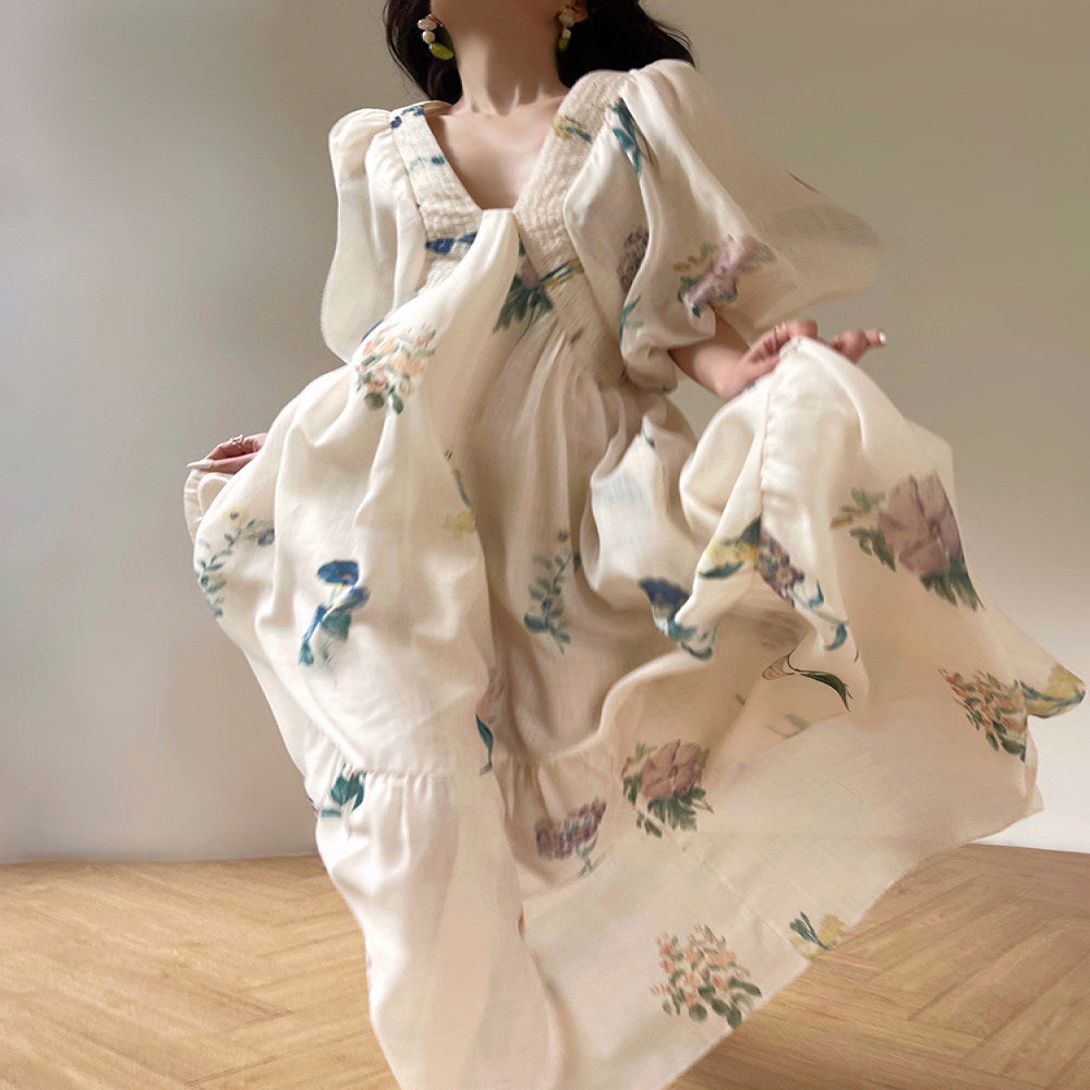 Aconiconi Tingting Qingyao French Retro Printed Holiday Dress Imitation Cotton and Linen Loose and Slimming Long Dress image 3