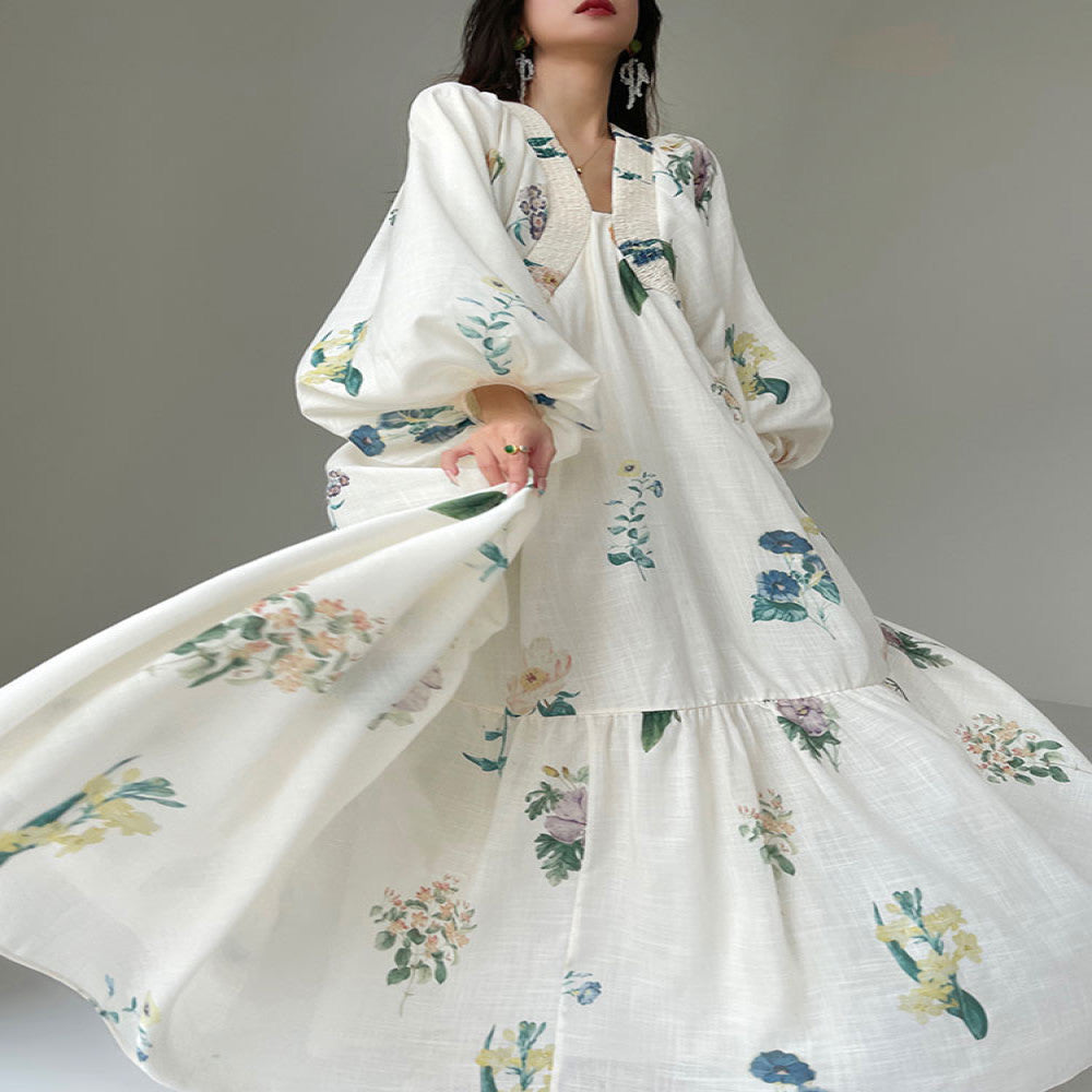Aconiconi Tingting Qingyao French Retro Printed Holiday Dress Imitation Cotton and Linen Loose and Slimming Long Dress image 4