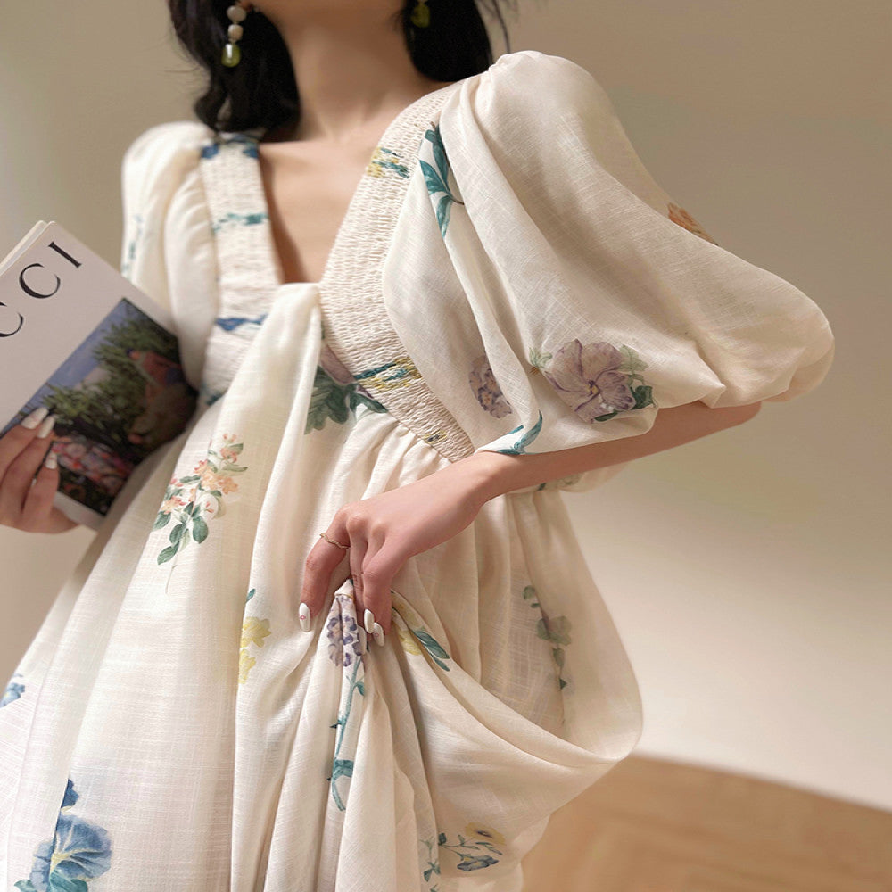 Aconiconi Tingting Qingyao French Retro Printed Holiday Dress Imitation Cotton and Linen Loose and Slimming Long Dress image 5
