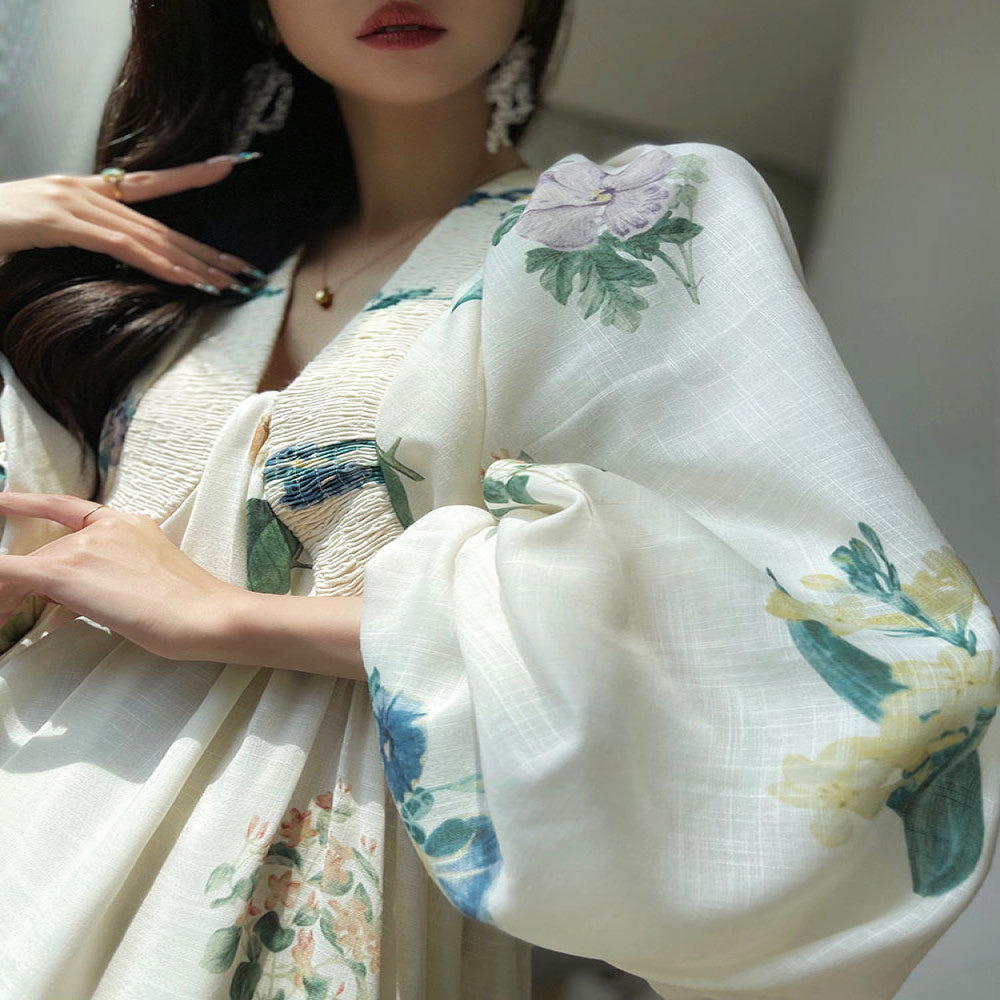 Aconiconi Tingting Qingyao French Retro Printed Holiday Dress Imitation Cotton and Linen Loose and Slimming Long Dress image 0
