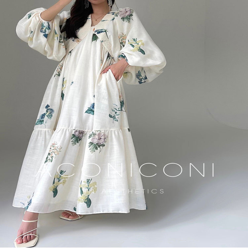 Aconiconi Tingting Qingyao French Retro Printed Holiday Dress Imitation Cotton and Linen Loose and Slimming Long Dress image 14