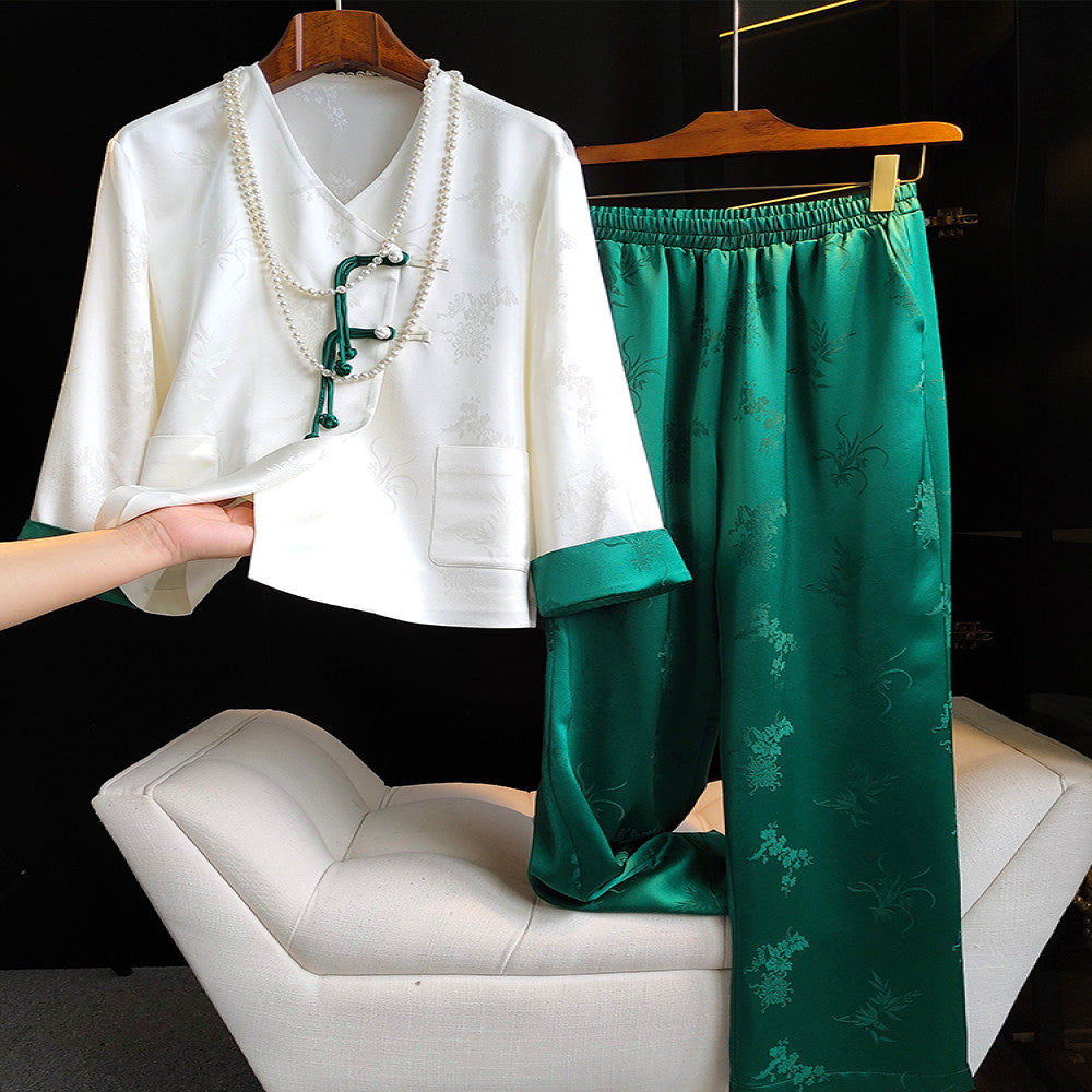 White high end Chinese style acetate shirt women s high waisted casual pants set niche light Chinese style explosive street fashion set image 0