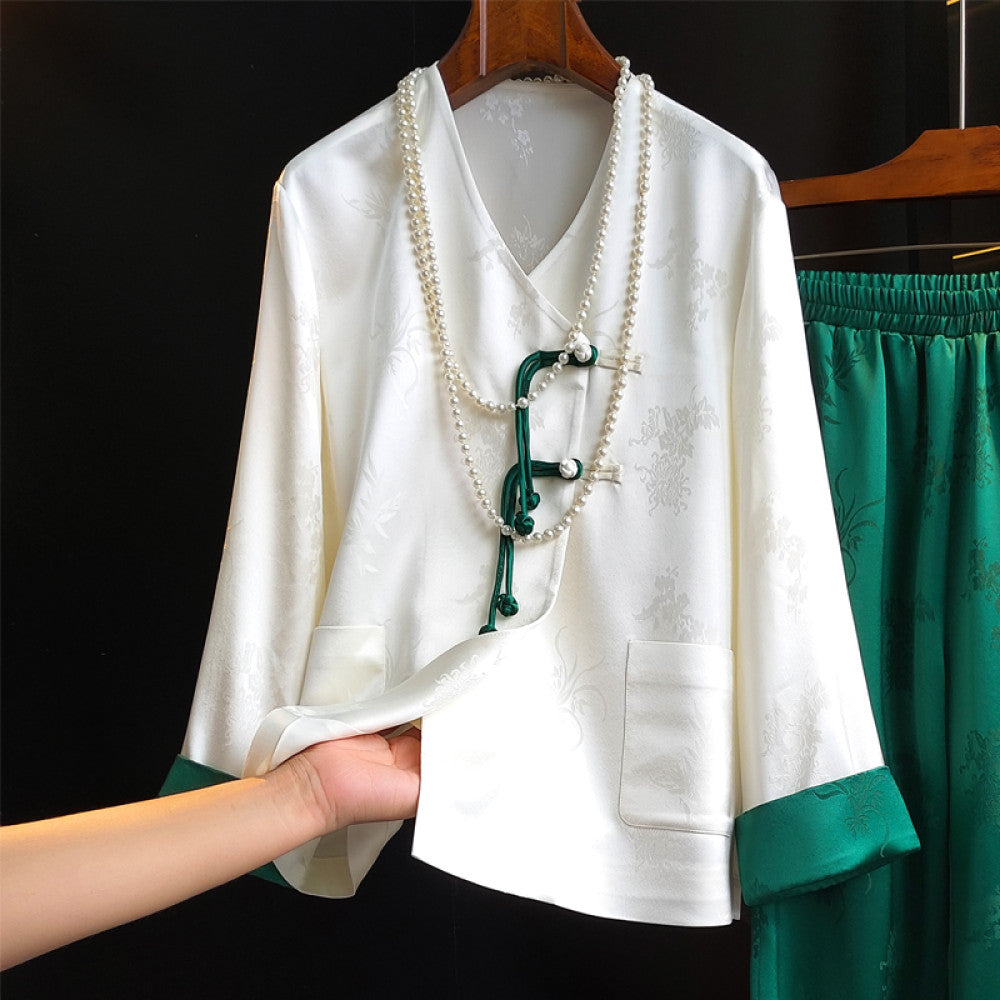 White high end Chinese style acetate shirt women s high waisted casual pants set niche light Chinese style explosive street fashion set image 13