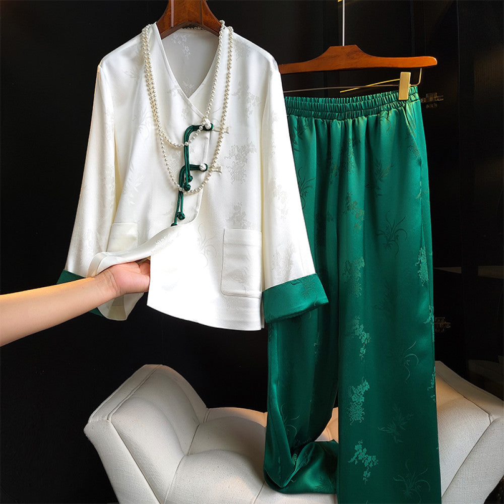 White high end Chinese style acetate shirt women s high waisted casual pants set niche light Chinese style explosive street fashion set image 28