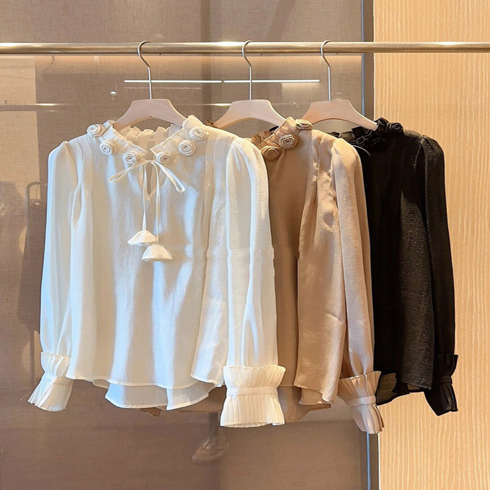 French gentle sweet and fashionable 2025 early spring new item niche design flower long sleeved stand up collar bubble sleeve shirt for women image 1