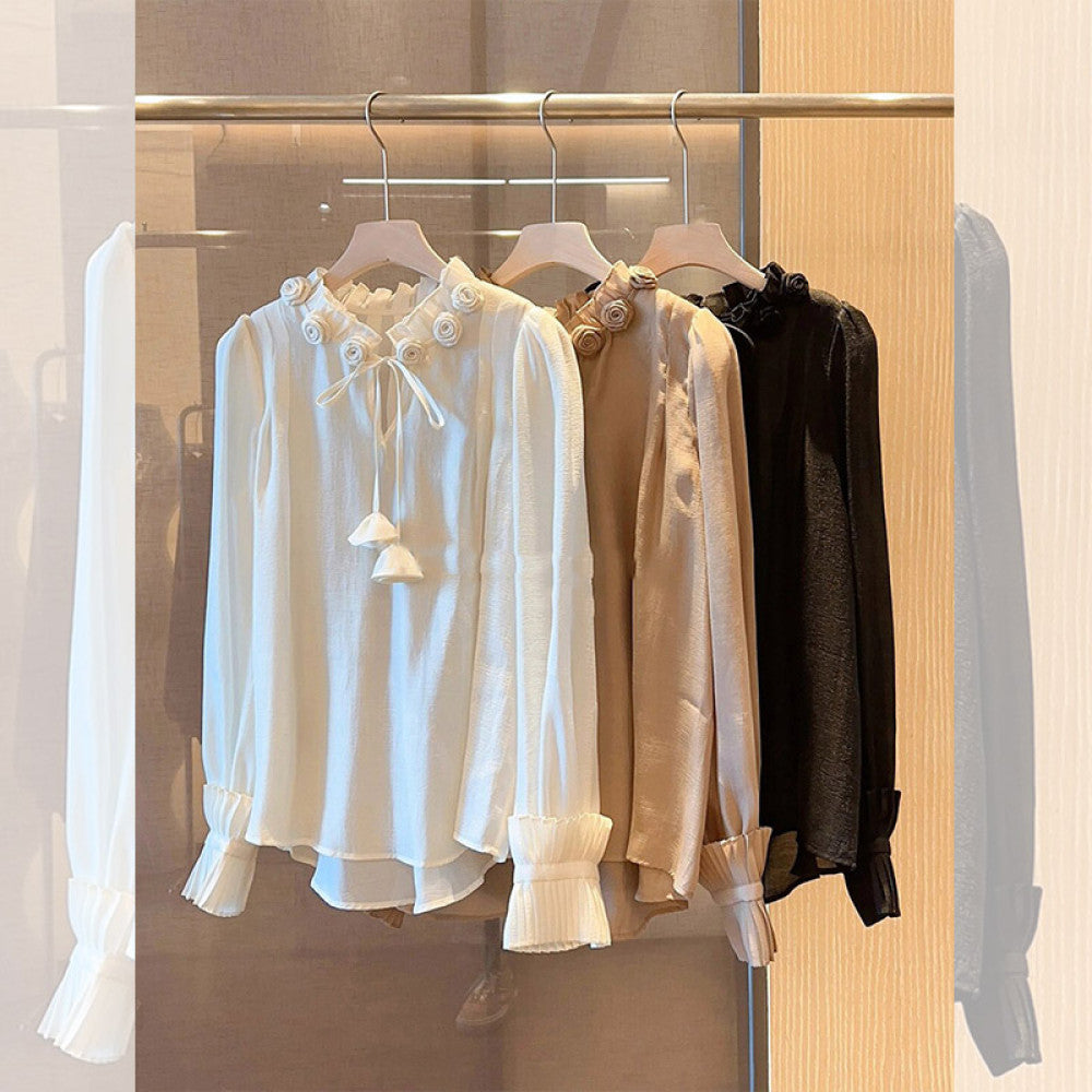 French gentle sweet and fashionable 2025 early spring new item niche design flower long sleeved stand up collar bubble sleeve shirt for women image 5