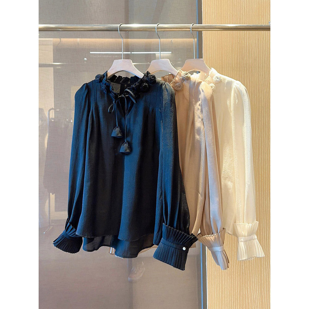 French gentle sweet and fashionable 2025 early spring new item niche design flower long sleeved stand up collar bubble sleeve shirt for women image 13