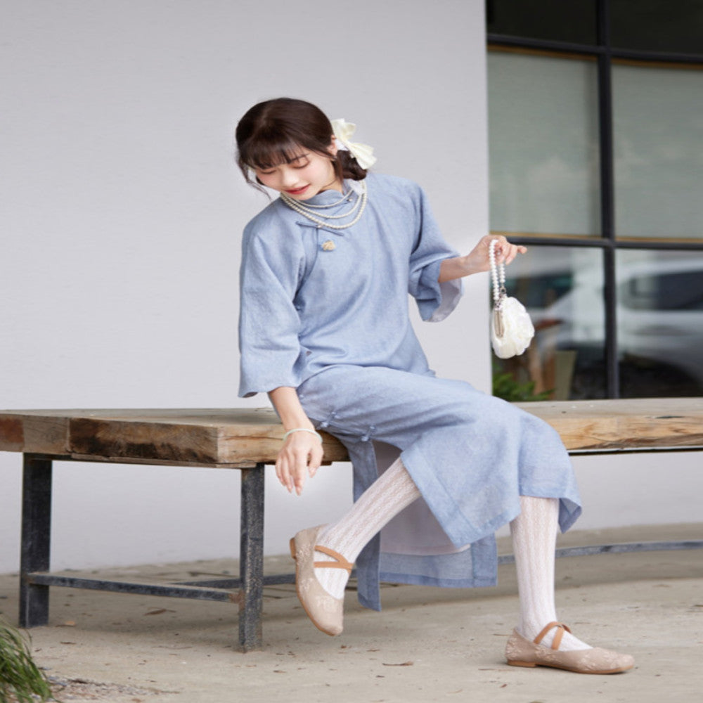Seeking Eden original blue petal collar with seven quarter sleeves medium long style for girls retro ancient style cheongsam young style inverted large sleeves image 2