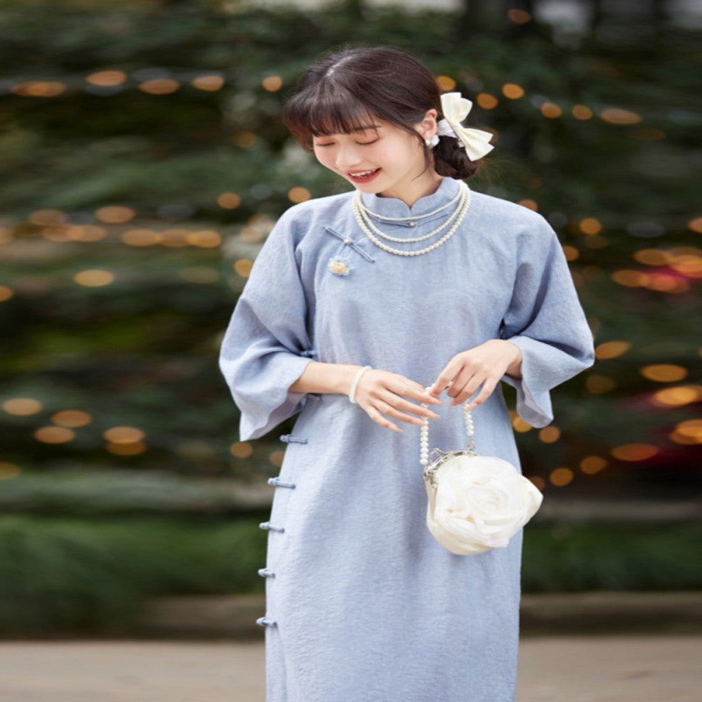 Seeking Eden original blue petal collar with seven quarter sleeves medium long style for girls retro ancient style cheongsam young style inverted large sleeves image 3