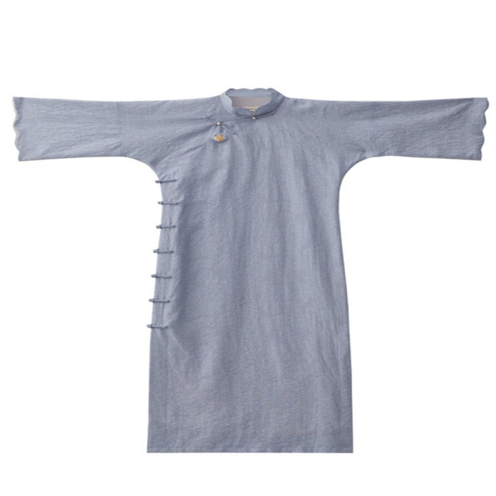 Seeking Eden original blue petal collar with seven quarter sleeves medium long style for girls retro ancient style cheongsam young style inverted large sleeves image 5