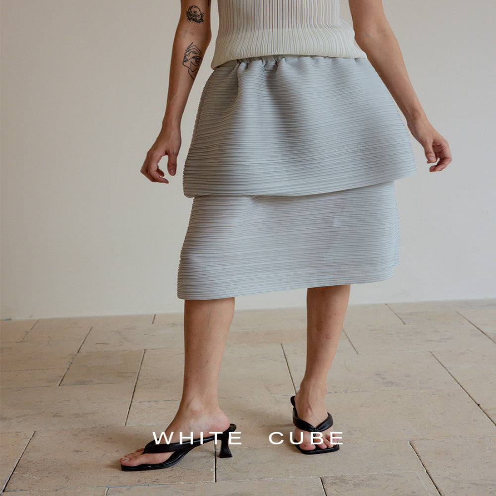 Whitecube fashionable double layer slimming high three house style pleated stand cut irregular flower bud over knee skirt for women image 0