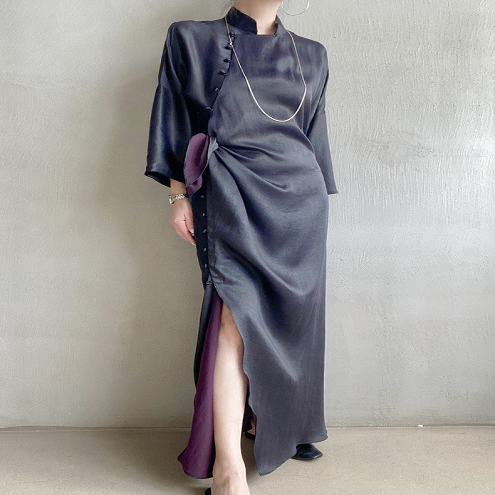 Huanyuan exclusive niche exquisite new Chinese style black purple Xiangyun silk short sleeved cheongsam dress dress morning gown image 0