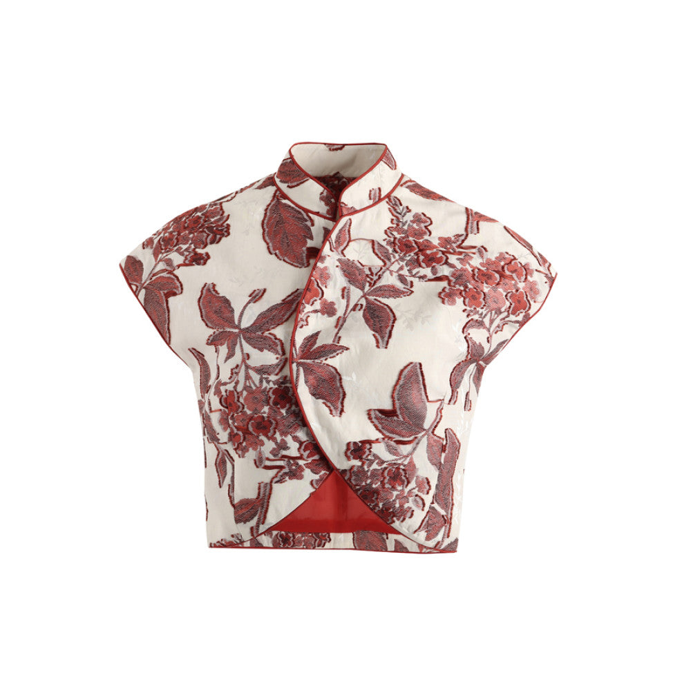 ASAYA3615 Chinese style stand-up collar red jacquard short top