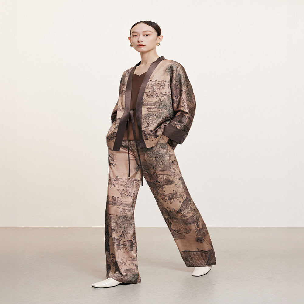 Same style Naivee autumn new Chinese classic in the mall Qingming Shanghe Tu printed straight leg casual pants for women image 2