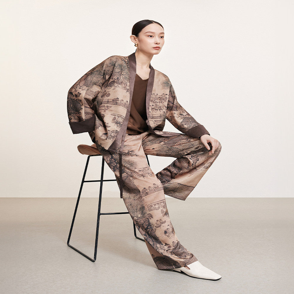 Same style Naivee autumn new Chinese classic in the mall Qingming Shanghe Tu printed straight leg casual pants for women image 3