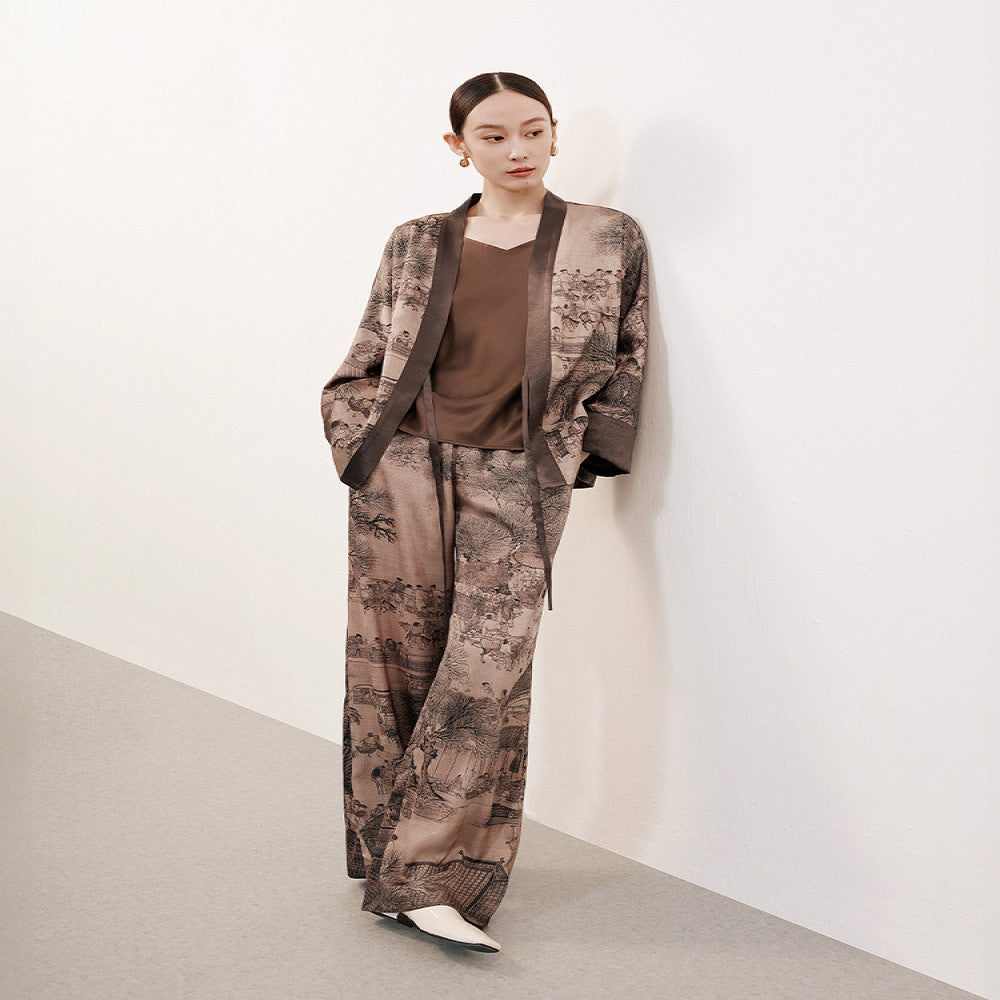 Same style Naivee autumn new Chinese classic in the mall Qingming Shanghe Tu printed straight leg casual pants for women image 4