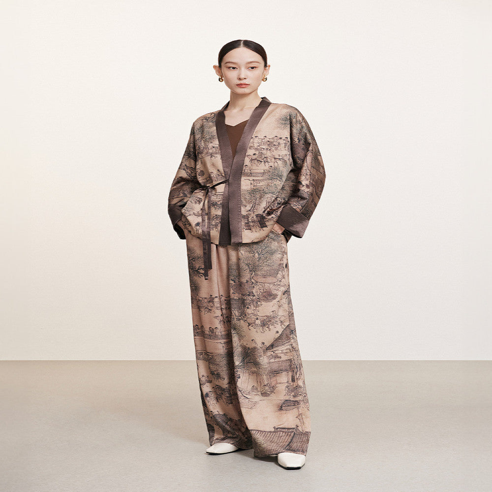 Same style Naivee autumn new Chinese classic in the mall Qingming Shanghe Tu printed straight leg casual pants for women image 5