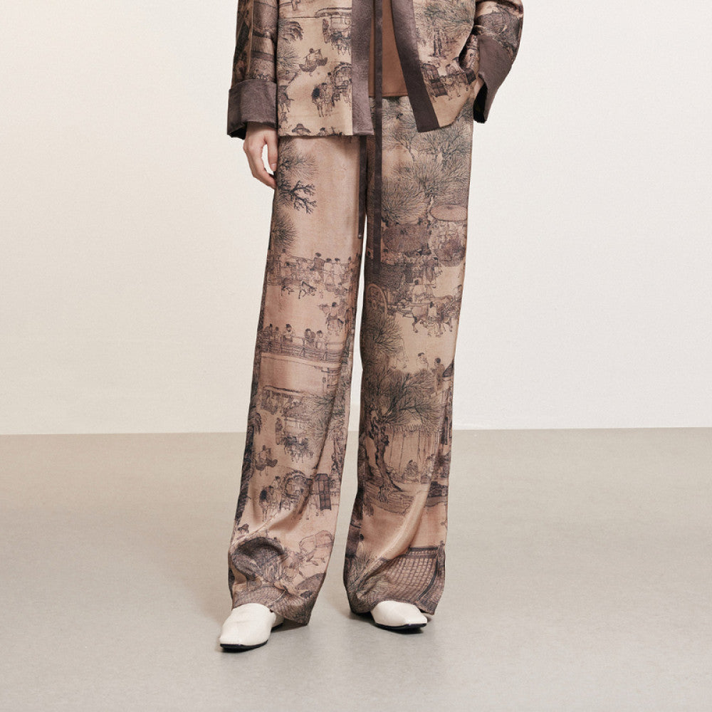 Same style Naivee autumn new Chinese classic in the mall Qingming Shanghe Tu printed straight leg casual pants for women image 20