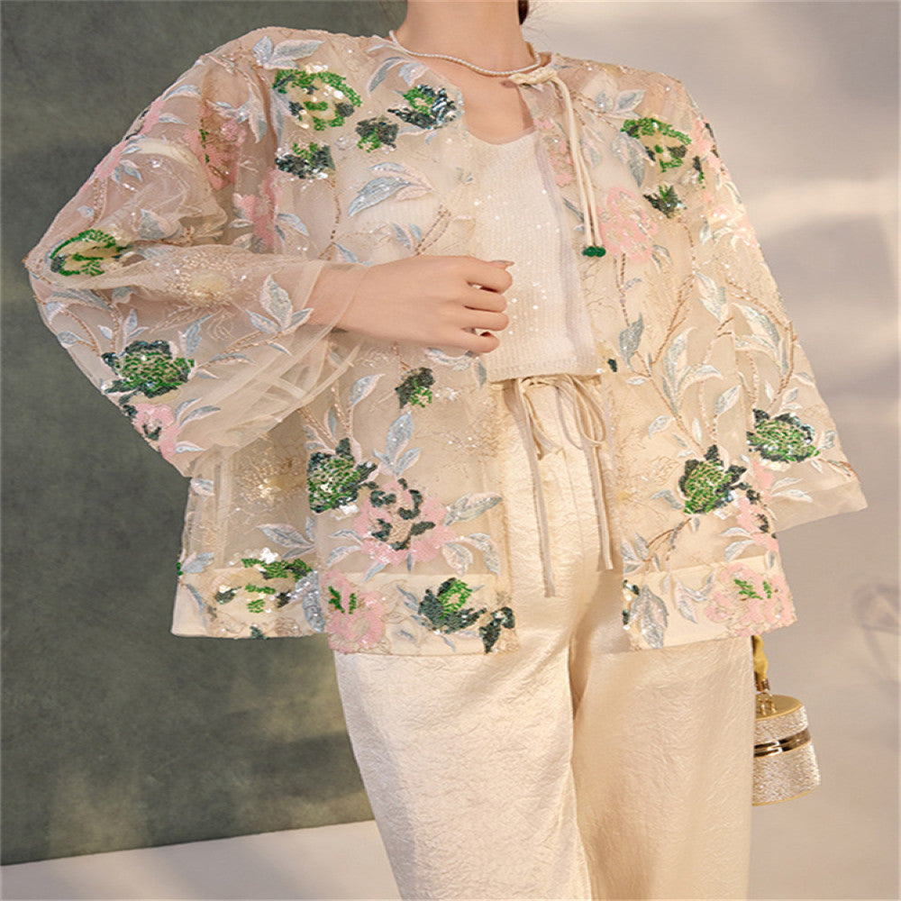 Tang suit Chinese style women s clothing 2025 new spring and summer daily wear retro heavy sequin embroidered top new Chinese style image 0