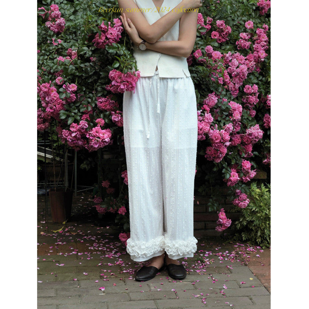 Beerkun 3 color free in summoning texture cotton handmade three dimensional wave pleated edge elastic drawstring wide leg pants image 1