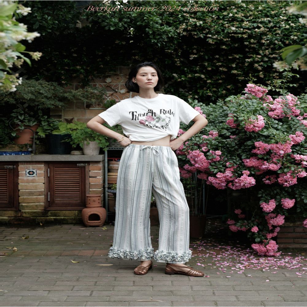 Beerkun 3 color free in summoning texture cotton handmade three dimensional wave pleated edge elastic drawstring wide leg pants image 3