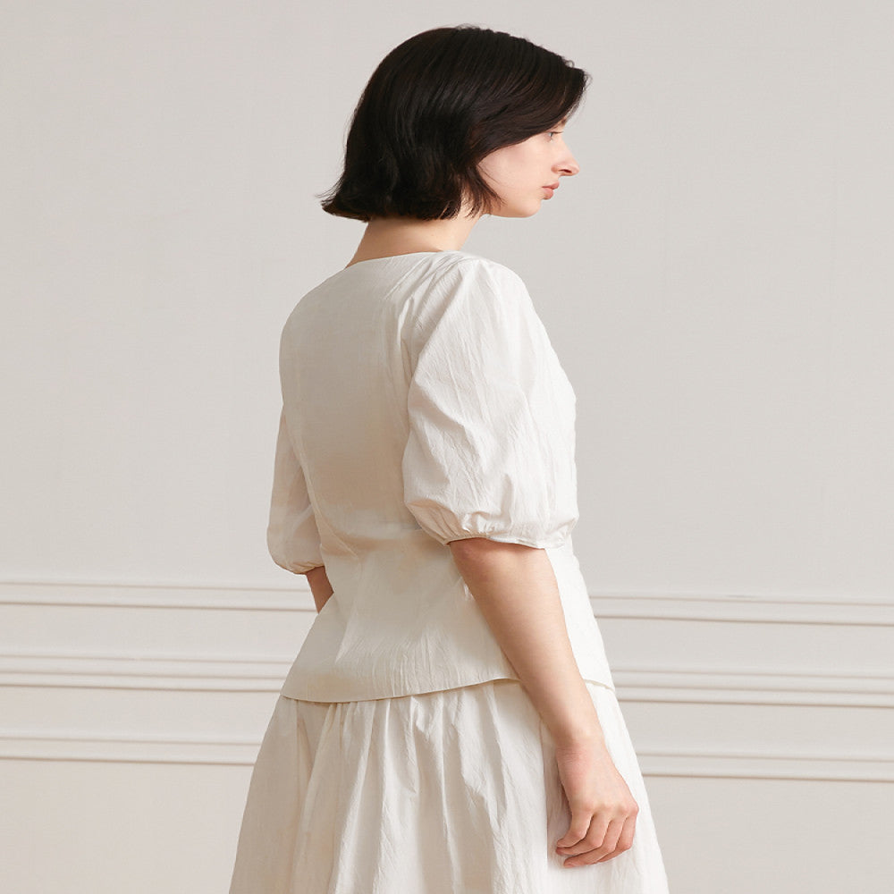 AEL original French retro casual bubble sleeve shirt 2025 autumn new white temperament chic shirt for women image 4
