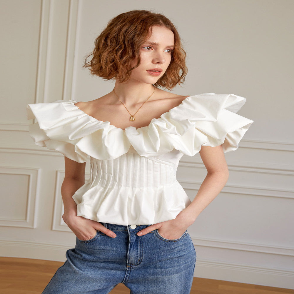 AEL original French ruffled flying sleeve top 2025 summer new holiday style pleated slim waist top image 0