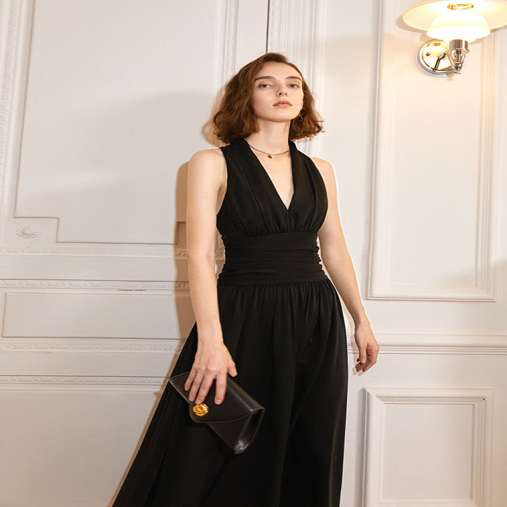 AEL Original Customized French Retro V neck Dress 2025 Summer New Acetate Satin Slim Fit Hanging Neck Long Dress image 4