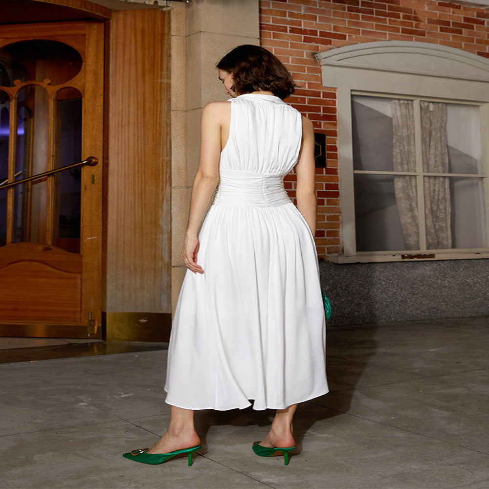 AEL Original Customized French Retro V neck Dress 2025 Summer New Acetate Satin Slim Fit Hanging Neck Long Dress image 5