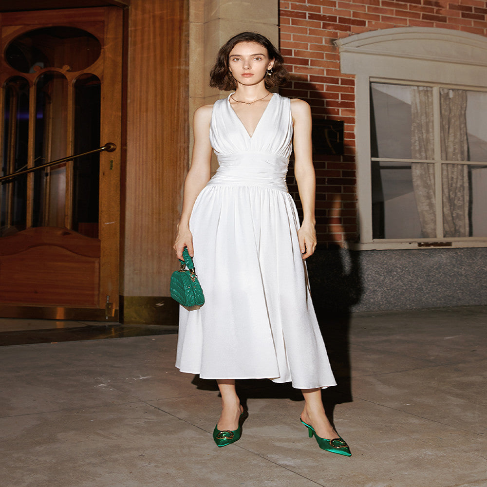 AEL Original Customized French Retro V neck Dress 2025 Summer New Acetate Satin Slim Fit Hanging Neck Long Dress image 0