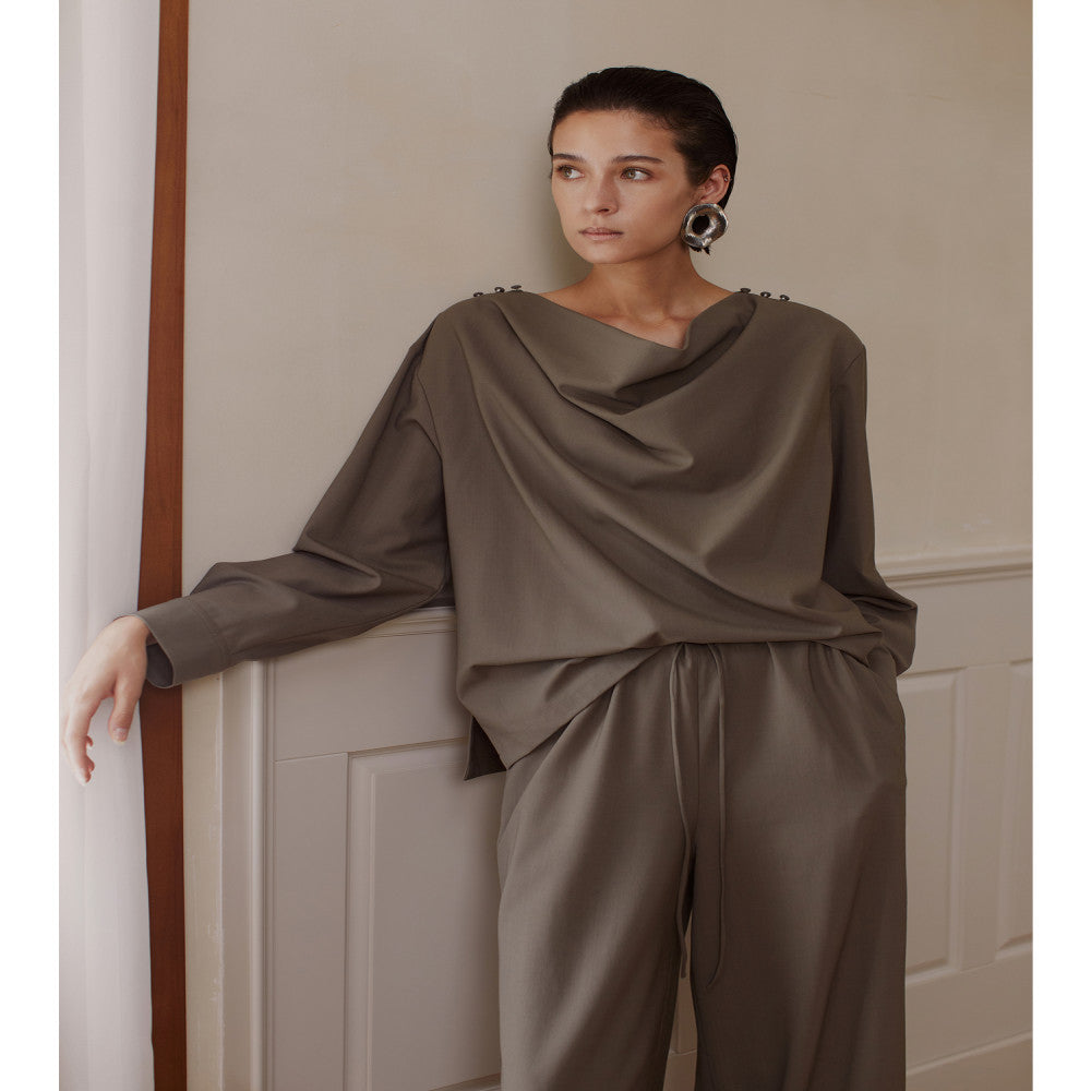 Le Samedi Relaxing R0w Style and Simple Aesthetics British Woolen Swing Neck Elastic Wide Leg Pants Set image 0