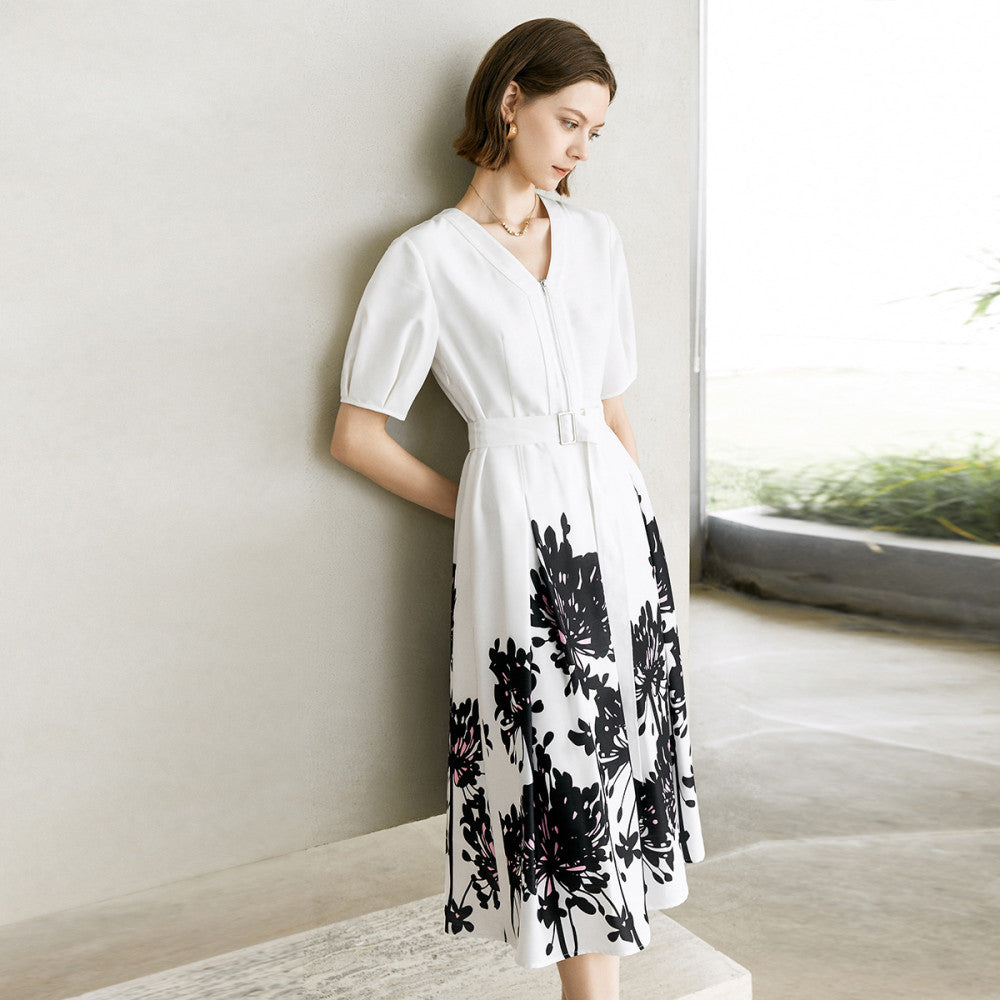 ASAYA3534 Contrasting Floral Print Black and White Mid length dress