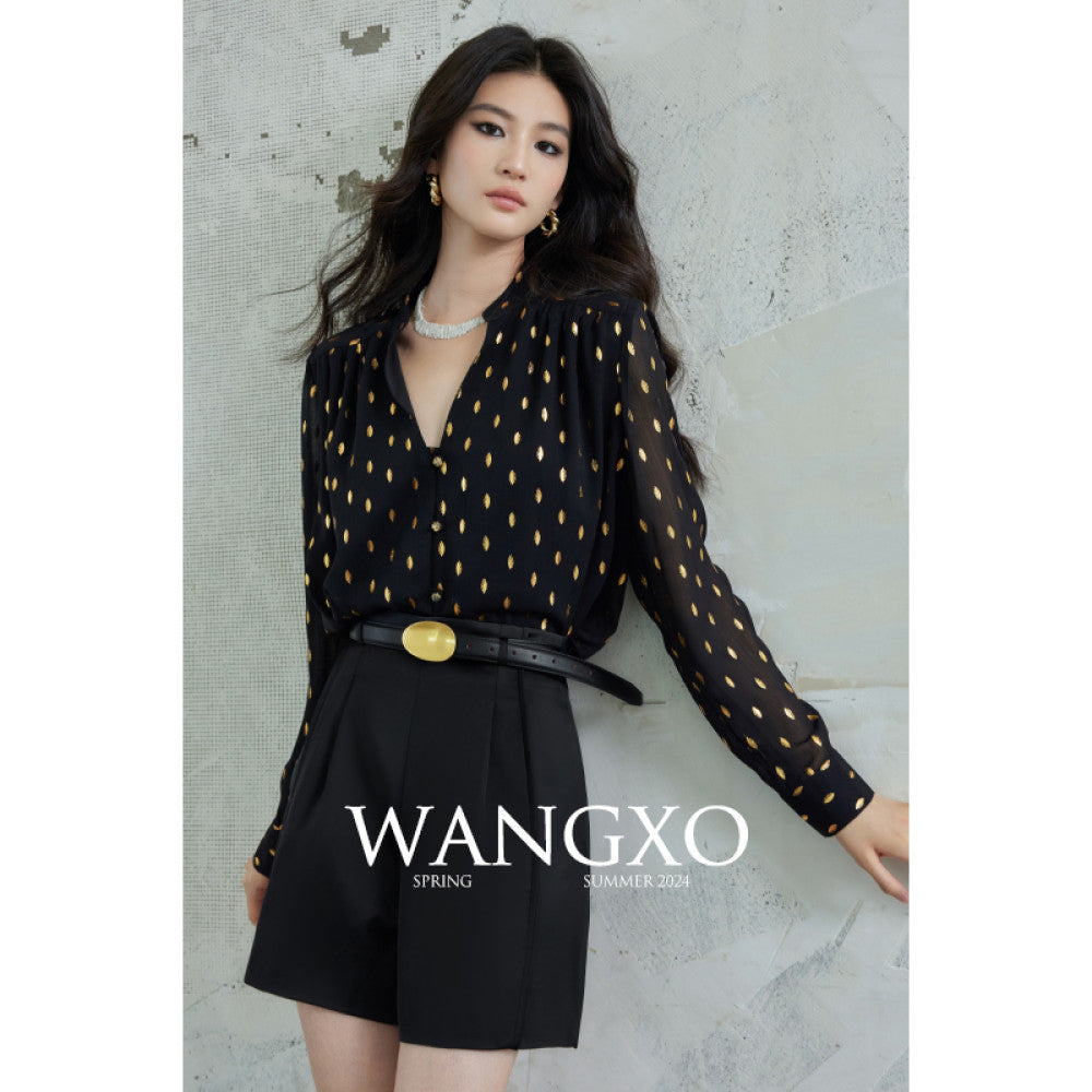 WANGXO Gilded Chiffon with Gold Leaf Pattern Custom Gold Sprinkled Glass Buttons Women s Loose Straight Shirt with Small Stand Up Collar image 13