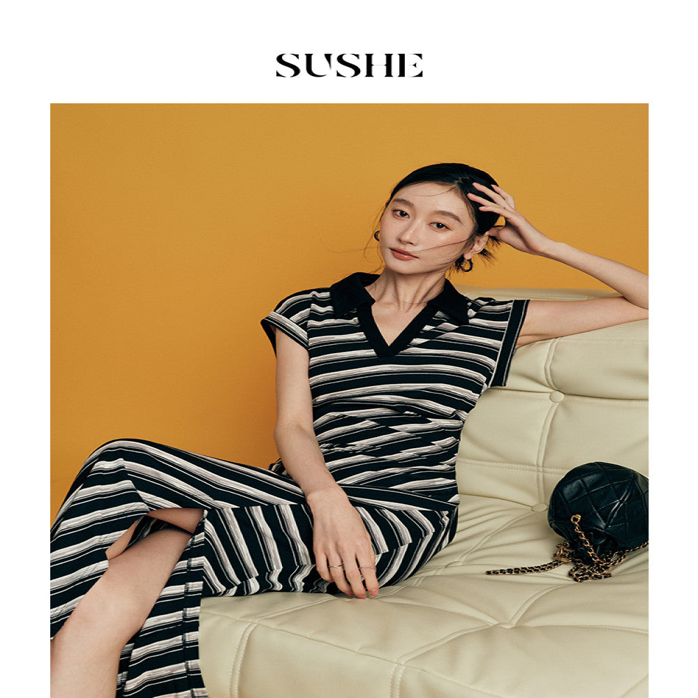 Available at Outlet SUSHE Striped Loop POLO Lapel Sleeveless Waist Slit Dress Women image 2