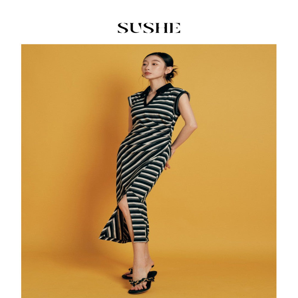 Available at Outlet SUSHE Striped Loop POLO Lapel Sleeveless Waist Slit Dress Women image 3