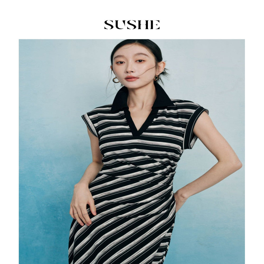 Available at Outlet SUSHE Striped Loop POLO Lapel Sleeveless Waist Slit Dress Women image 4
