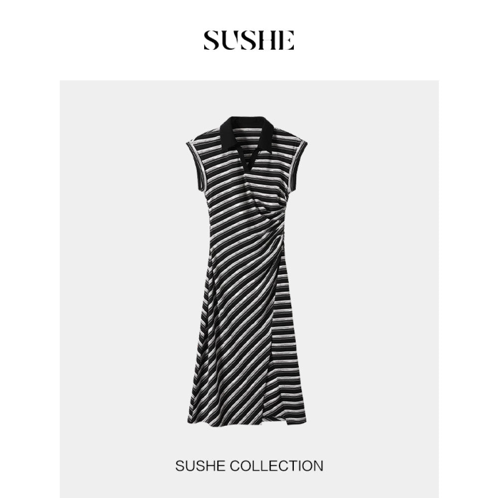 Available at Outlet SUSHE Striped Loop POLO Lapel Sleeveless Waist Slit Dress Women image 7