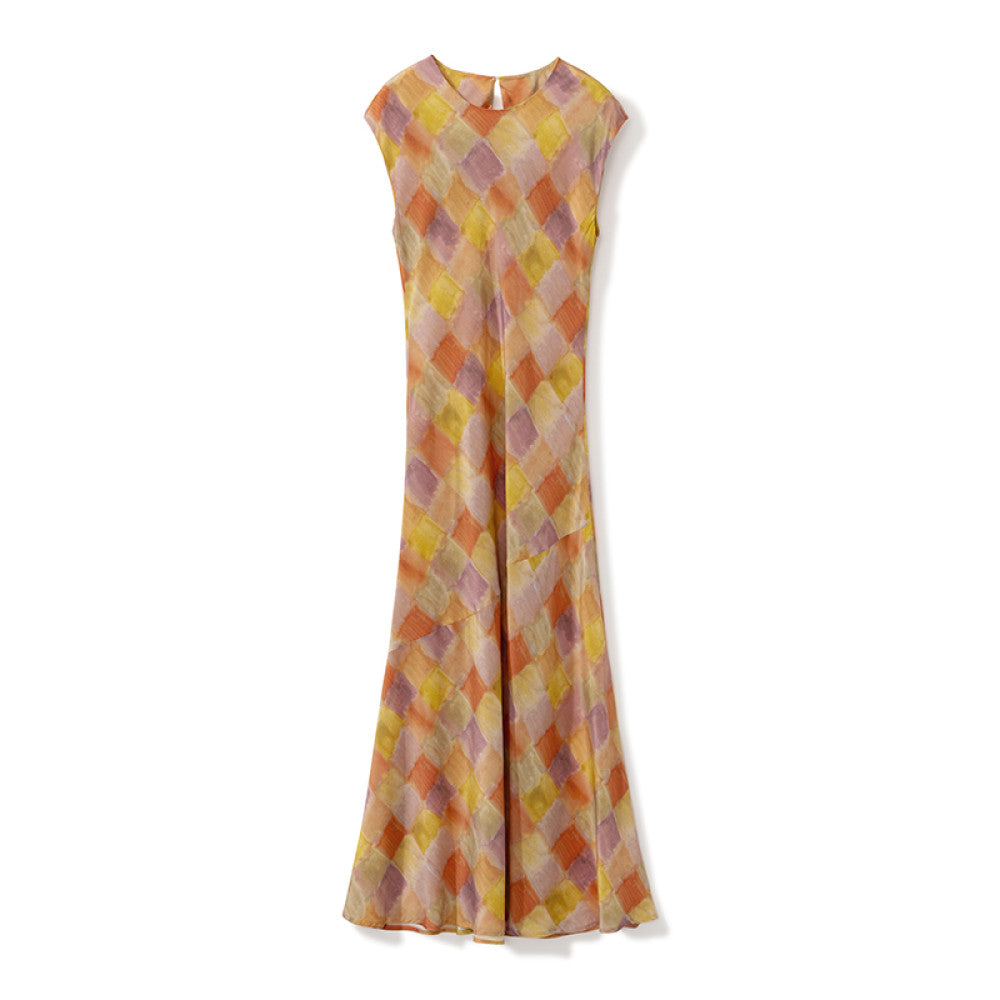 ASAYA3553 Silk double crepe round neck asymmetrical printed dress